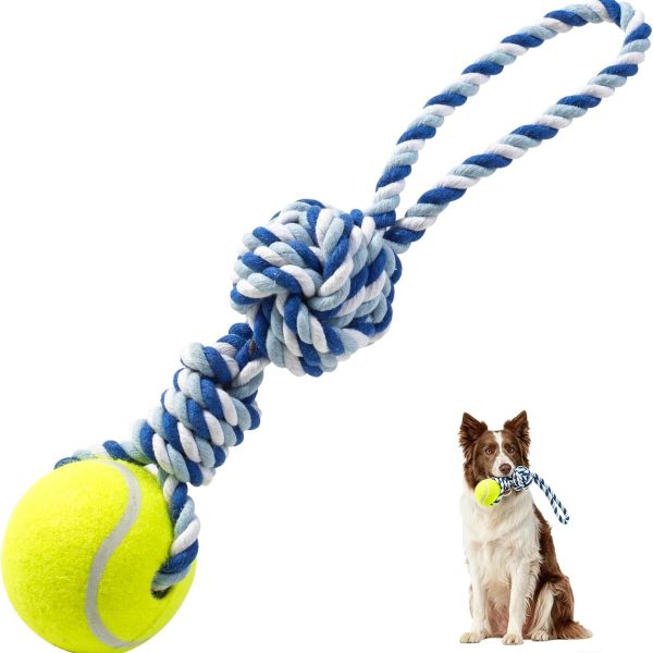 Outdoor Rope Tug Toy with 1 Knot & Tennis Ball, Teething Cotton Chew for Puppies